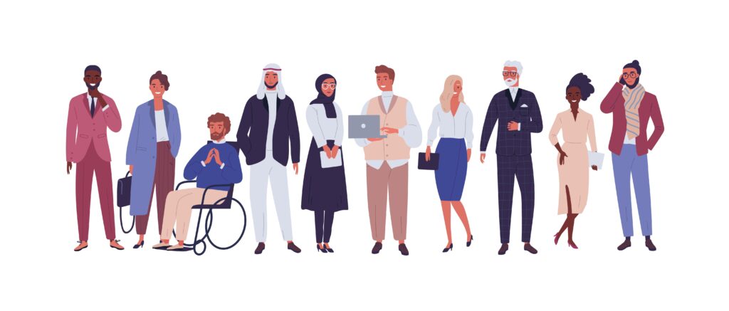Diverse group of business people, entrepreneurs or office workers isolated on white background. Multinational company. Old and young men and women standing together. Flat cartoon vector illustration.