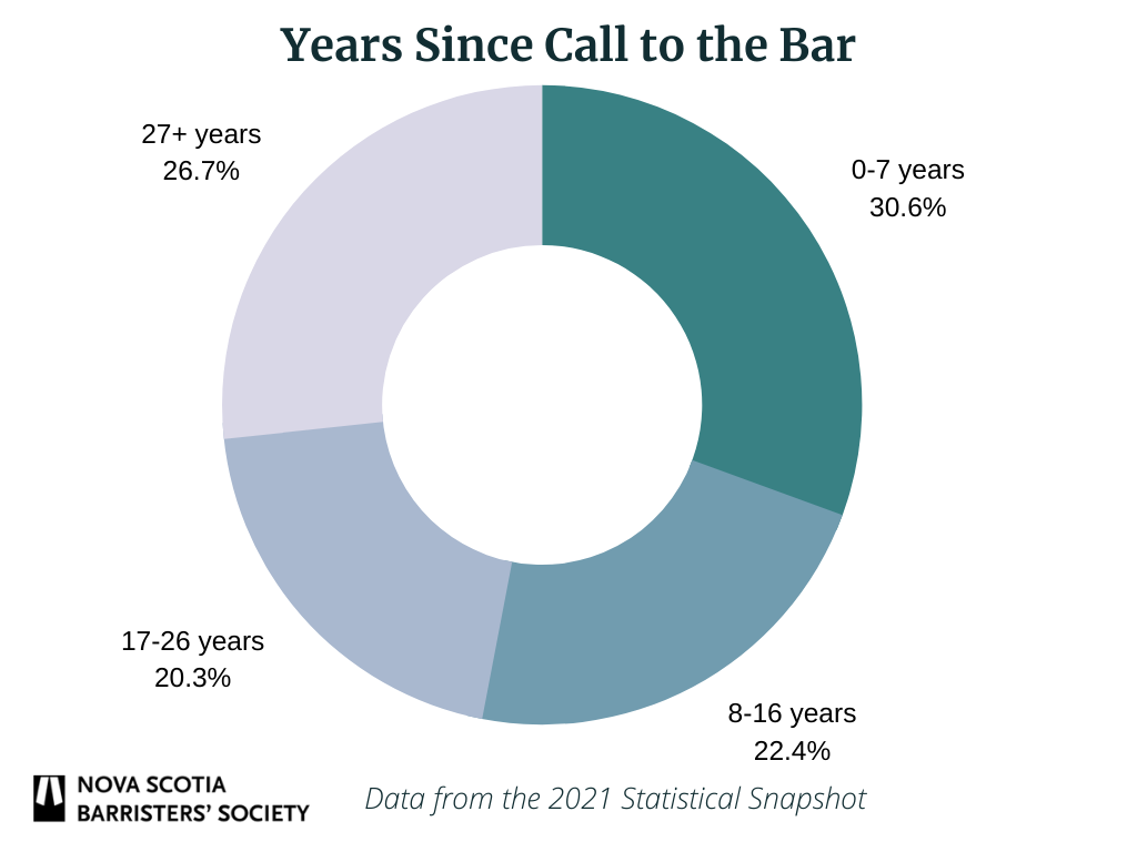 Years Since Call to the Bar Pie Chart - 0-7 years 30.6%, 8-16 years 22.4%, 17-26 years 20.3%, 27+ years 26.7%